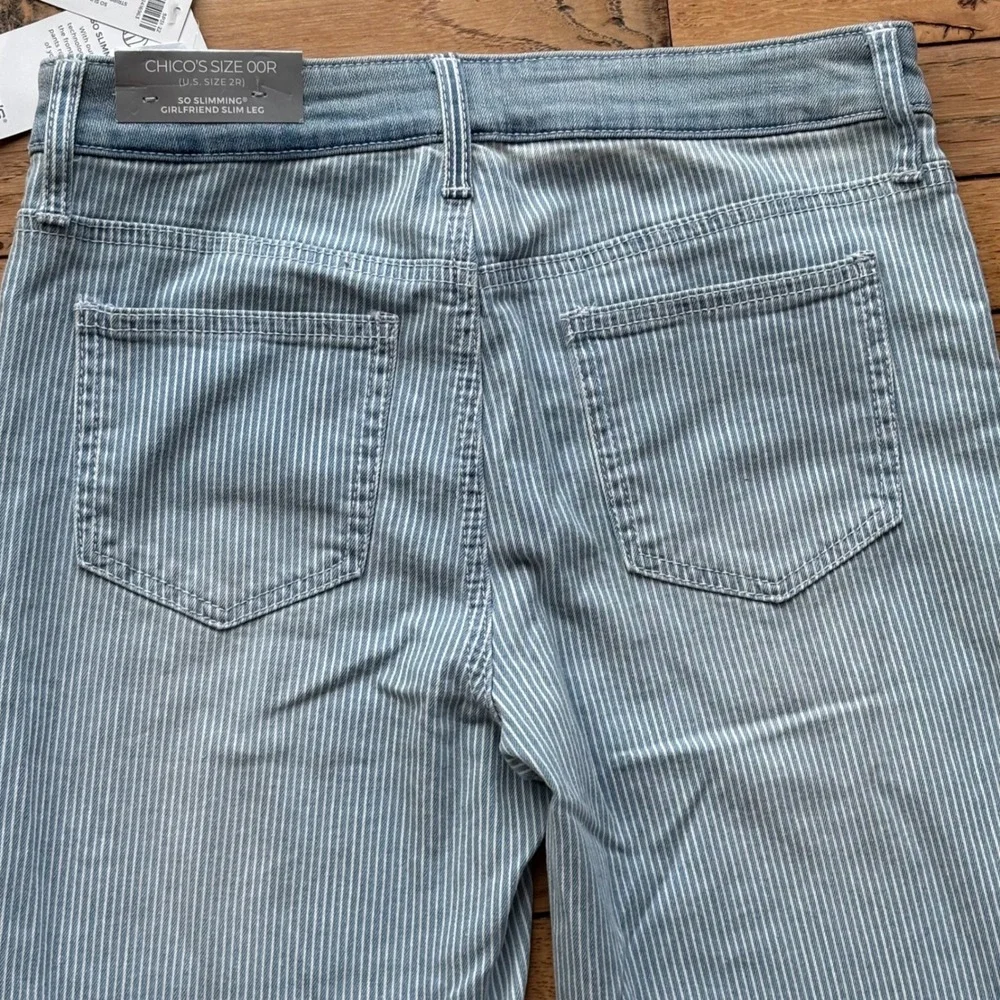 Chicos So Slimming Girlfriend Slim‎ Leg Stripe Dbl Fray Ankle Jeans 00R NWT